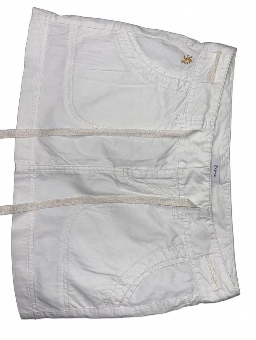Y2K Express white mini skirt with gold lion embroidery & tie waist